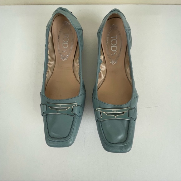 Tod’s Square Toe Ballet Flats Buckle Blue Leather - Picture 2 of 5